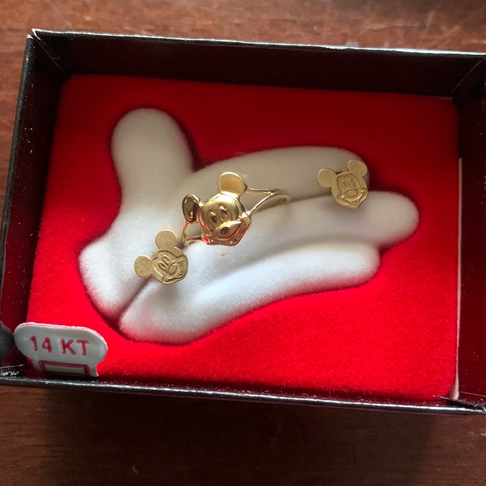 14k gold Mickey mouse earrings and ring